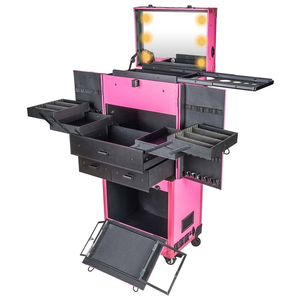 Pink Lighted Rolling Cosmetics Case T7676