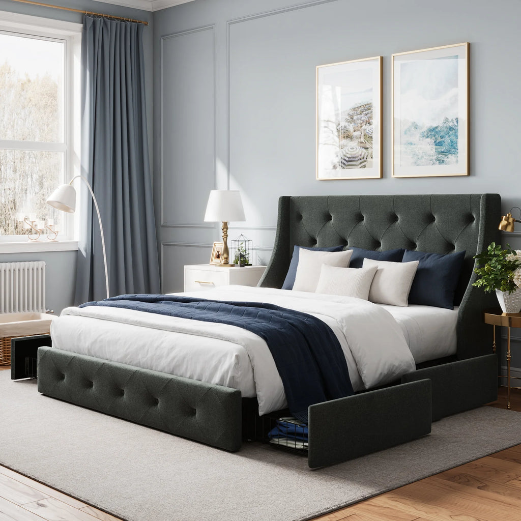 Grey Queen Size Platform Bed Frame with 4 Storage Drawers B20714