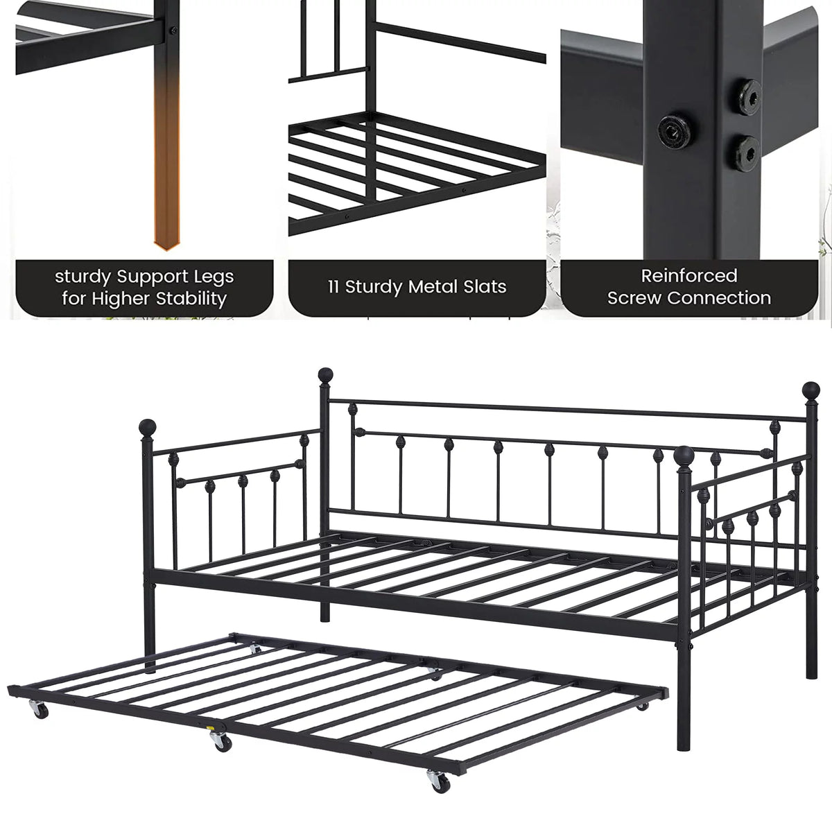 Twin Metal Daybed with Trundle and Wheels Z3083