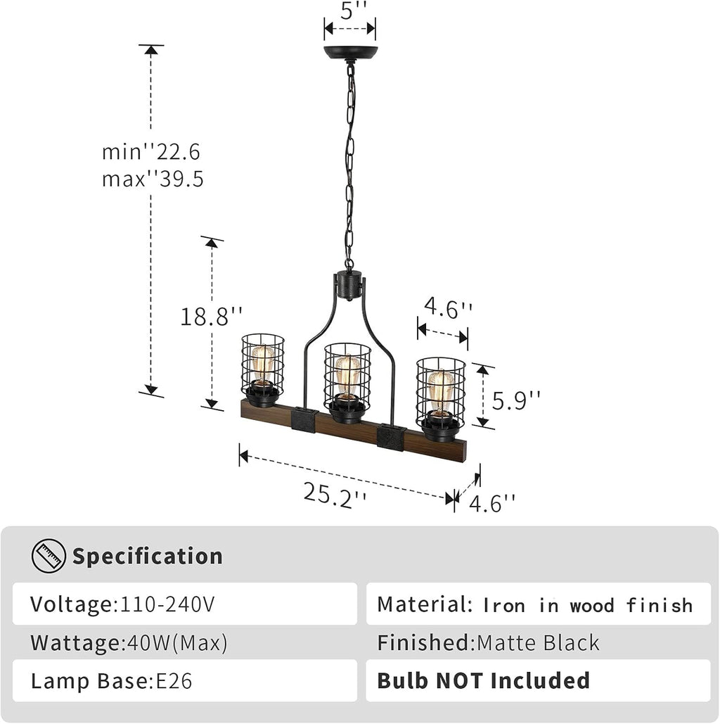 3-Lights Wood Chandelier with Cage Shade N560