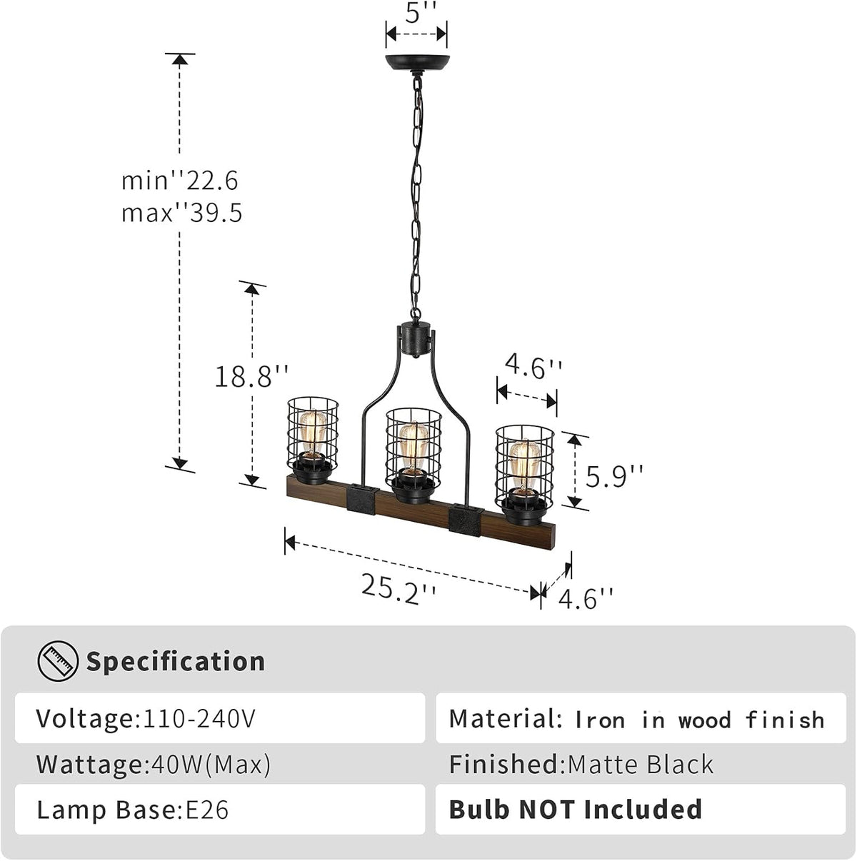 3-Lights Wood Chandelier with Cage Shade N560