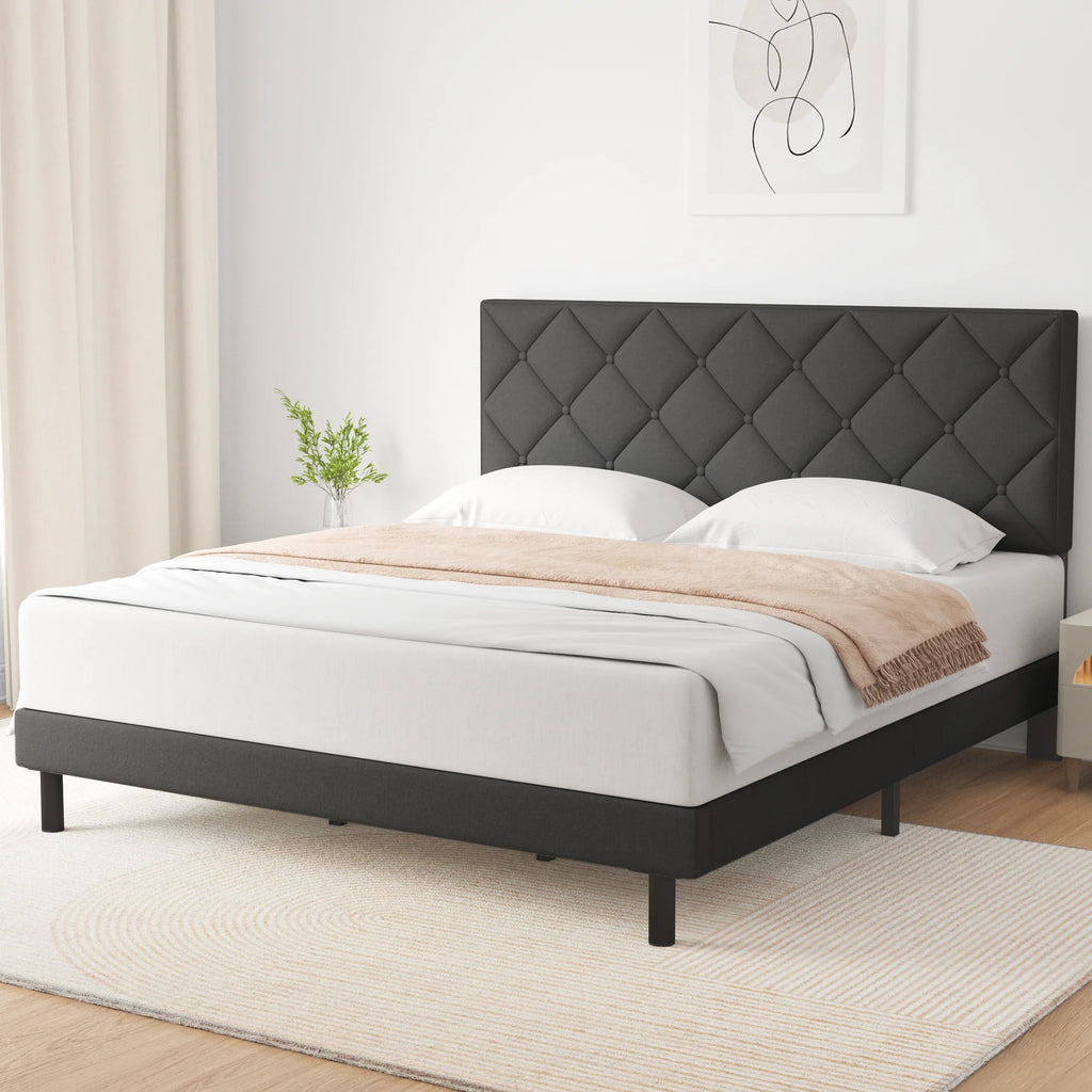 Full Size Bed Frame with Fabric Upholstered Headboard Dark Grey V74685