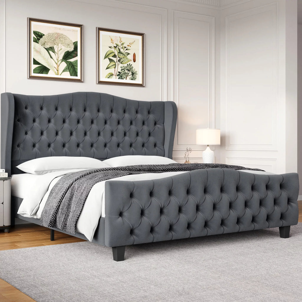 Queen Size Beige Velvet Tufted Upholstered Platform Bed Frame L260819
