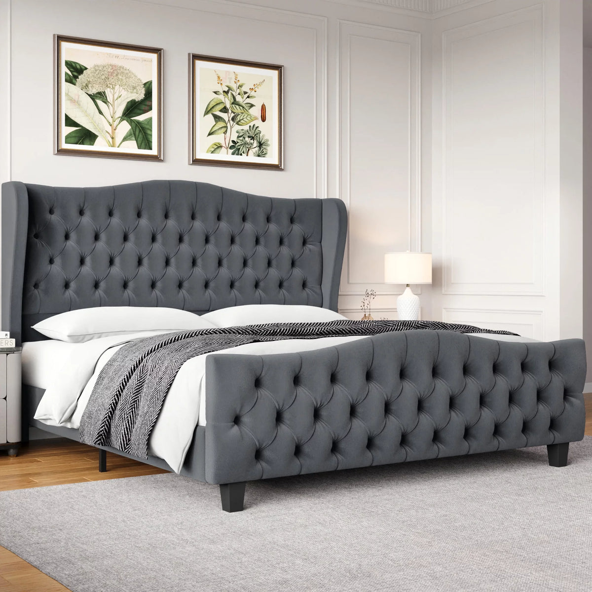 Queen Size Beige Velvet Tufted Upholstered Platform Bed Frame L260819