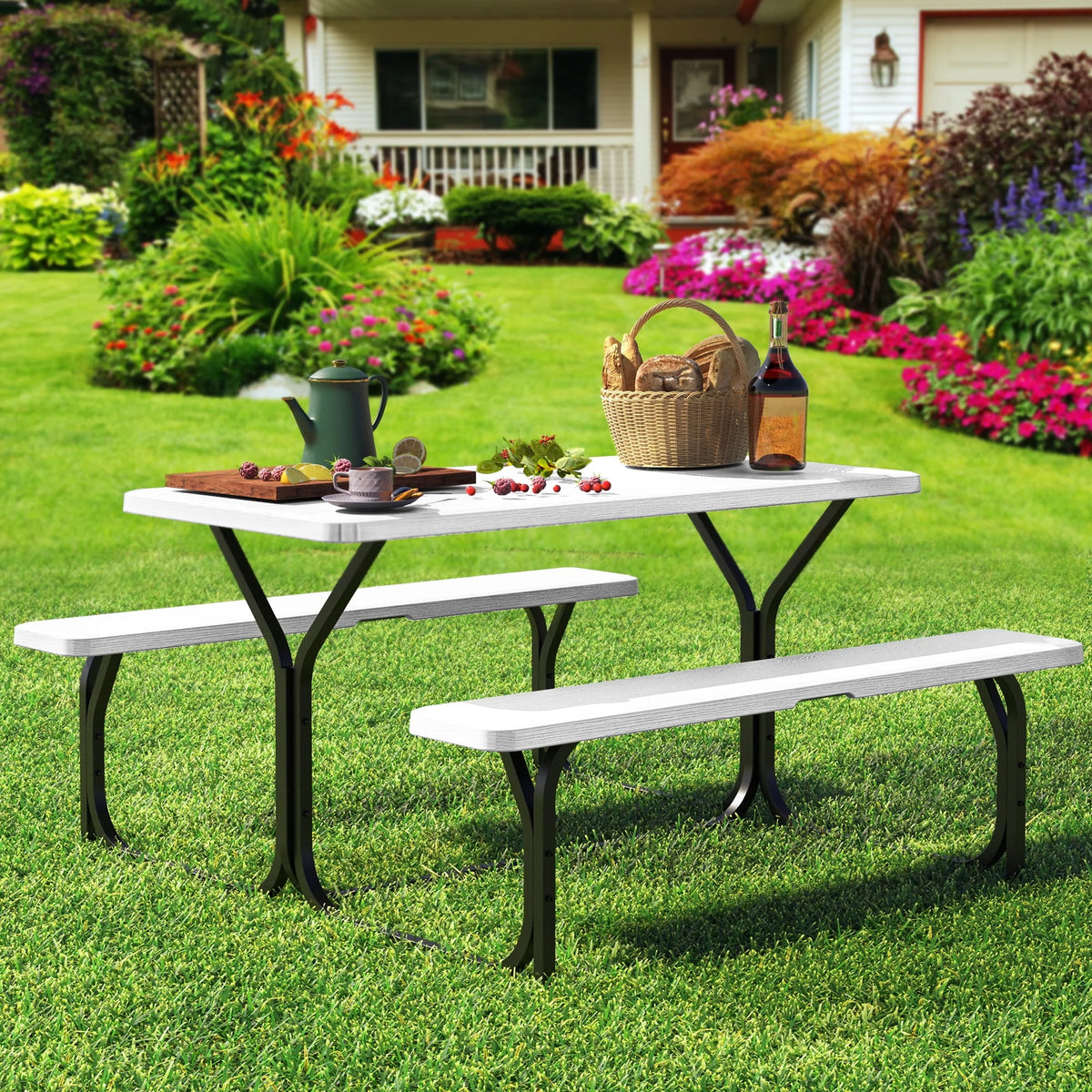 Heavy-Duty Outdoor Picnic Table Set Black H755473
