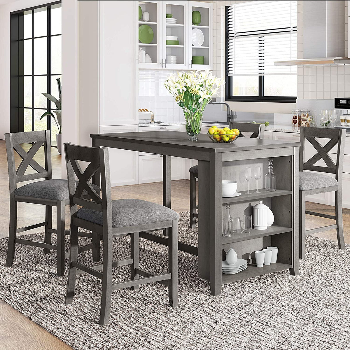 5 Piece Counter Height Wooden Dining Table Set with 4 Chairs N7054