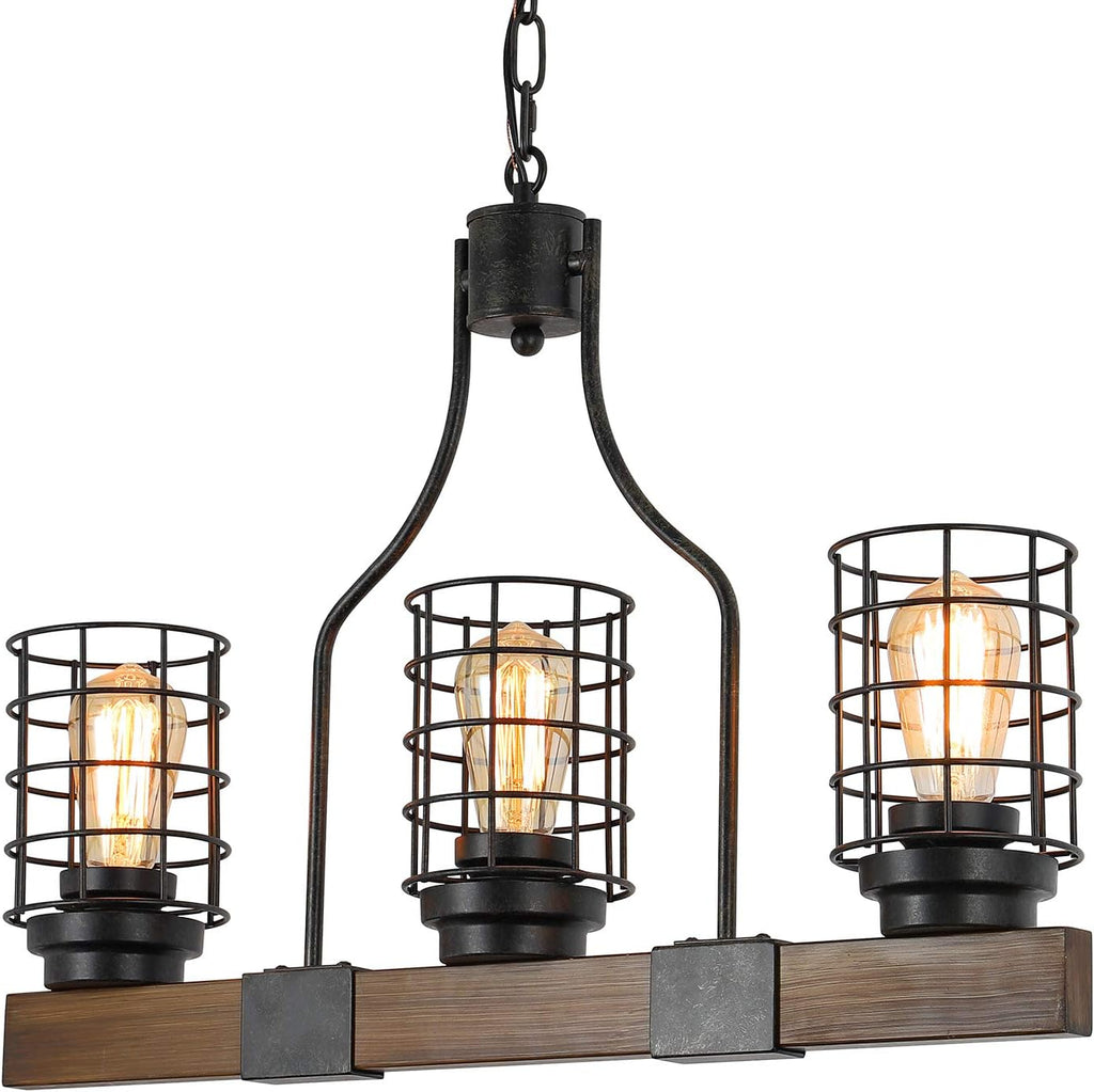 3-Lights Wood Chandelier with Cage Shade N560