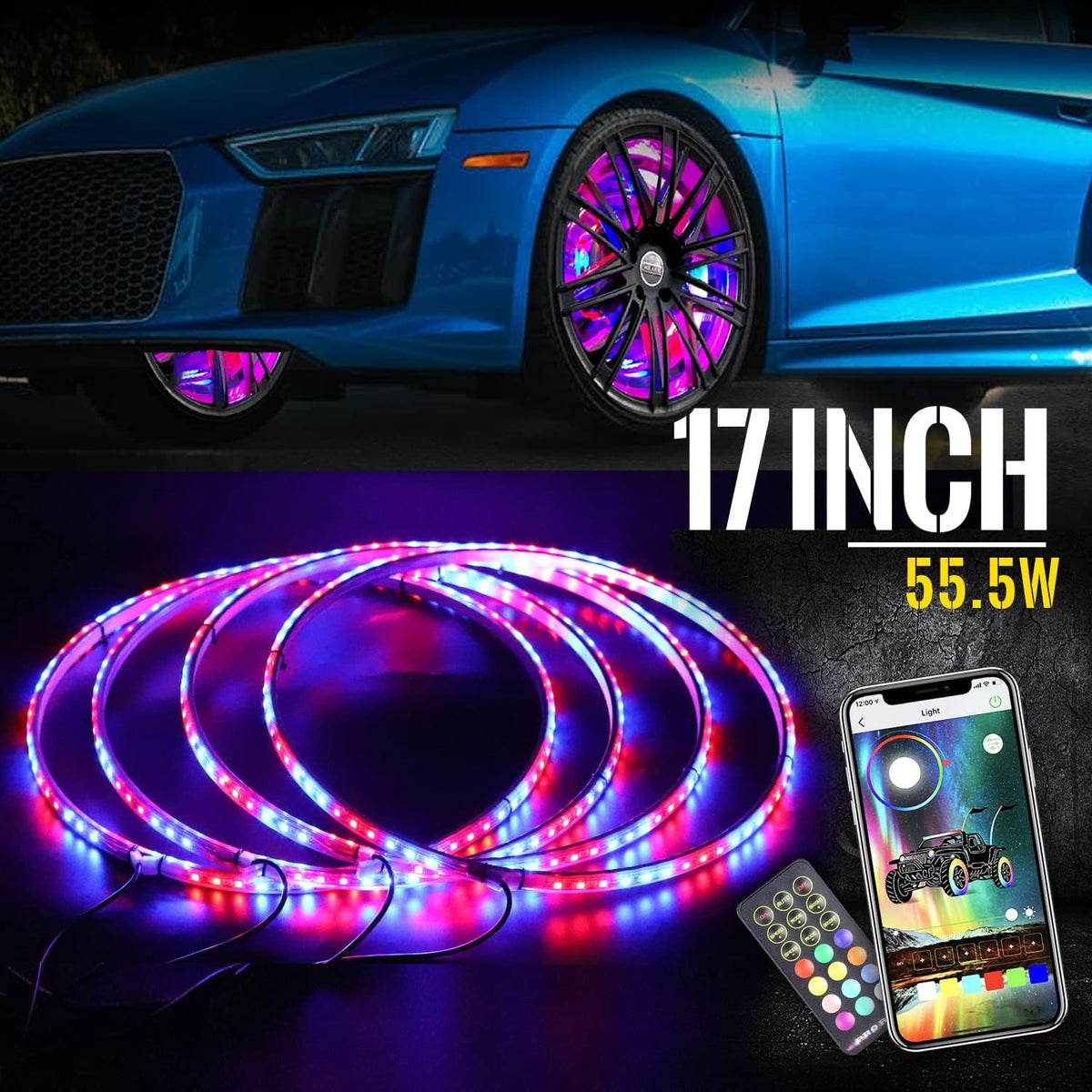 15.5 inch Single Row Wheel Ring Light Kit with Turn Signal and Braking Function 4PCS B74357