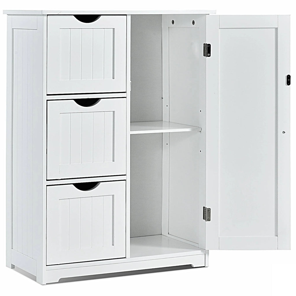 White Wooden Bathroom Floor Cabinet with 1 Cupboard and 3 Drawers S89190