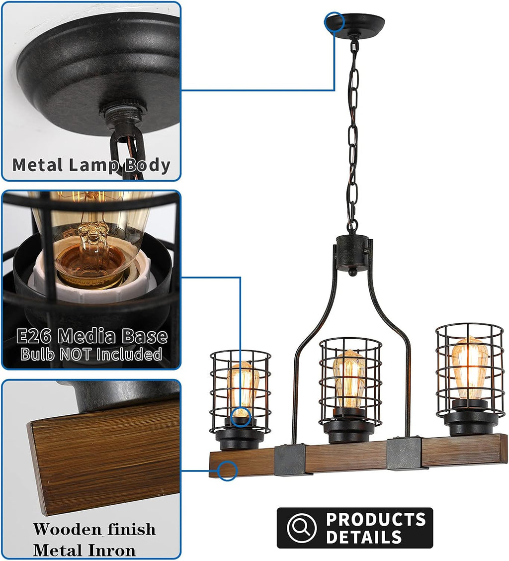 3-Lights Wood Chandelier with Cage Shade N560