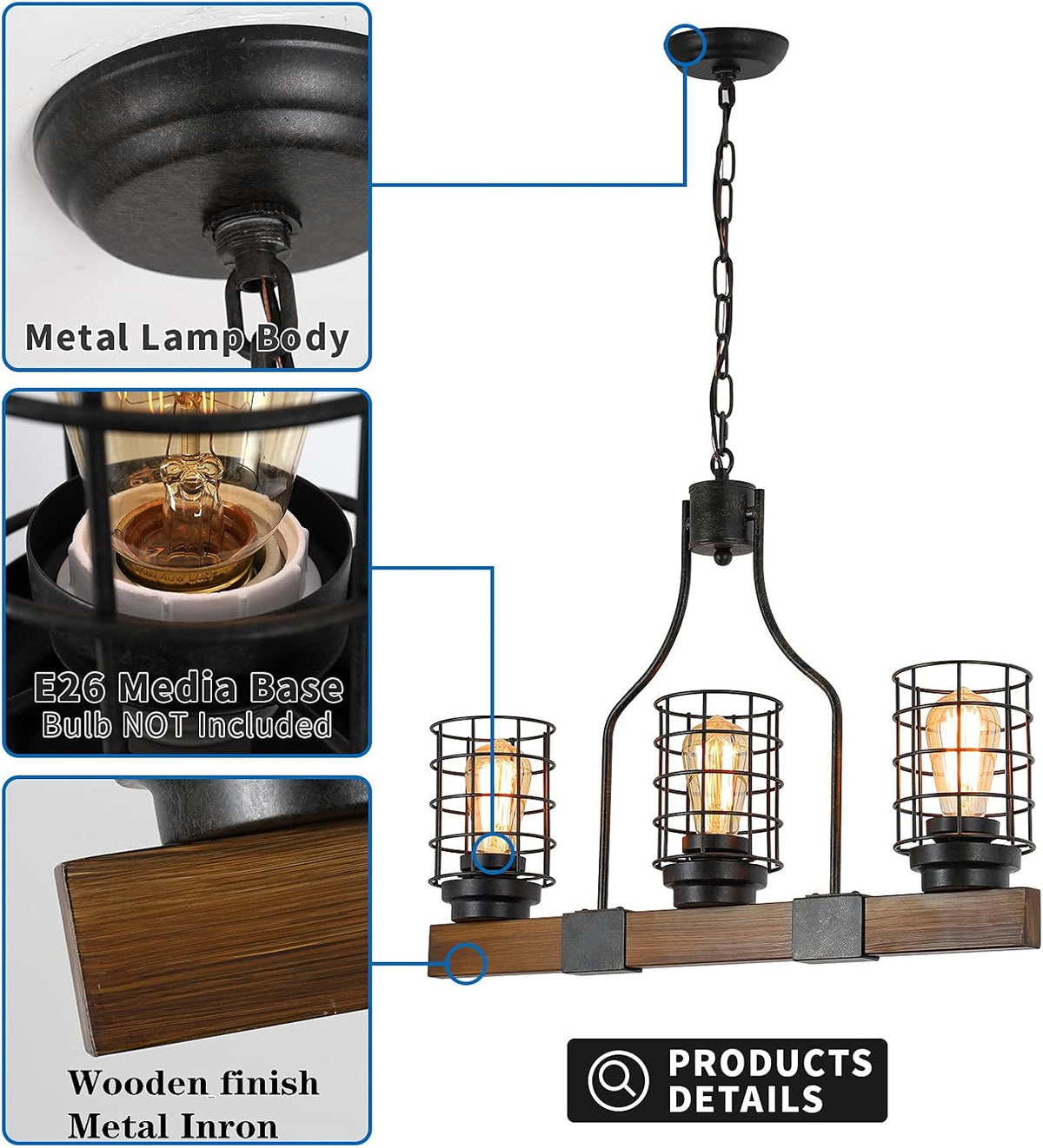 3-Lights Wood Chandelier with Cage Shade N560