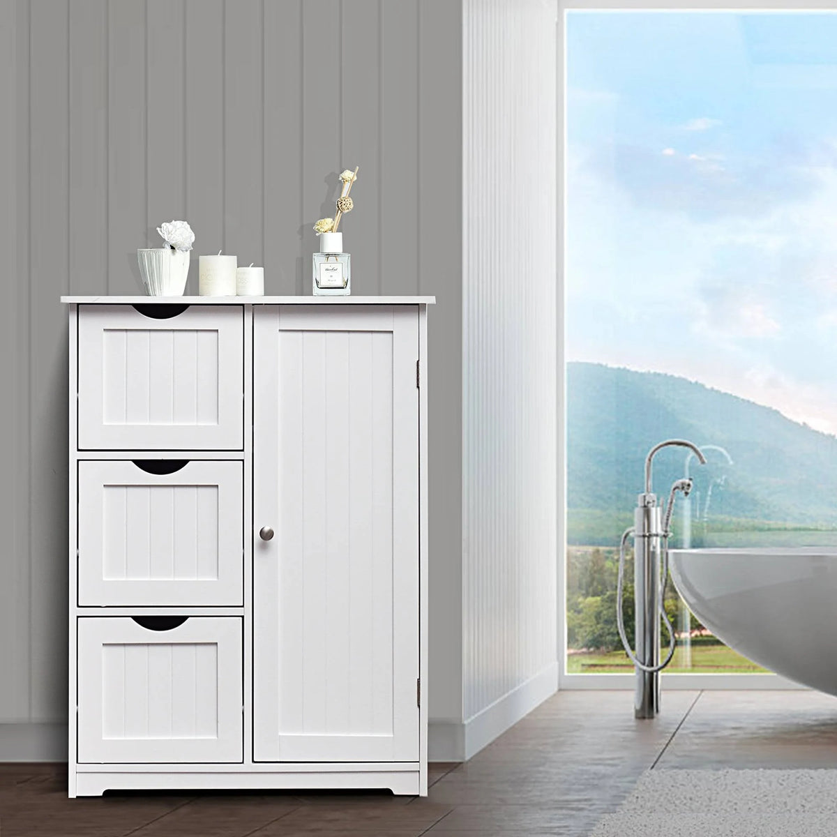White Wooden Bathroom Floor Cabinet with 1 Cupboard and 3 Drawers S89190