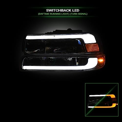 Compatible With Chevy Silverado Suburban Tahoe LED Strip Bar Black Housing Headlights With Signal Bumper Lamps Amber Reflector 4-Pieces K6117