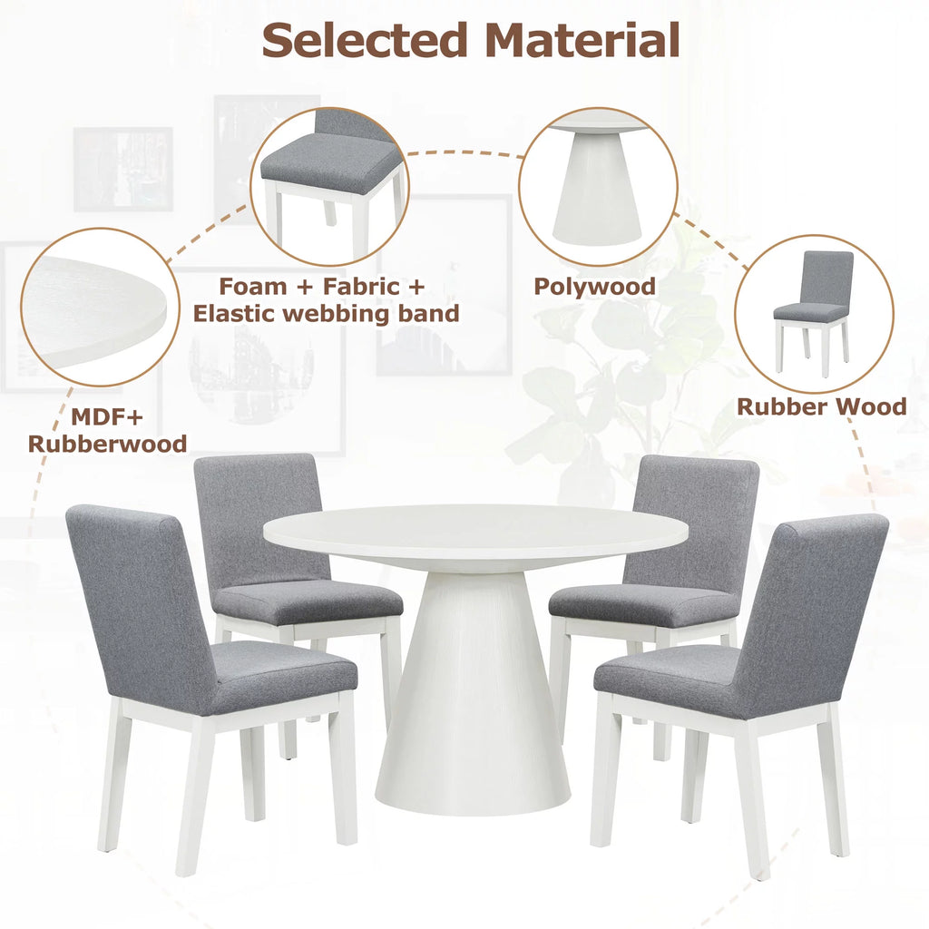 White 5 Piece Round Wood Dining Table Set with 4 Upholstered Chairs F754808