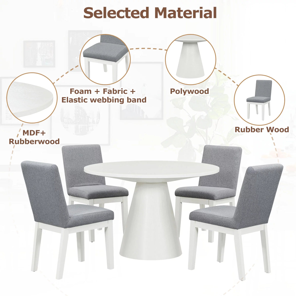 White 5 Piece Round Wood Dining Table Set with 4 Upholstered Chairs F754808