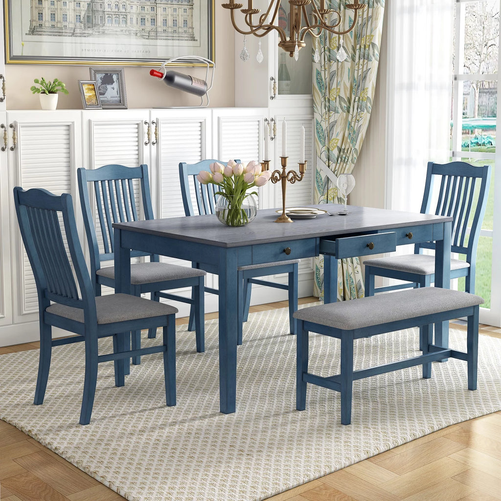 6 Piece Wood Dining Table Set with 4 Upholstered Chairs and Bench Q958