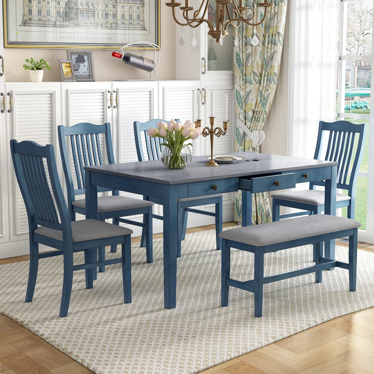 6 Piece Wood Dining Table Set with 4 Upholstered Chairs and Bench Q958