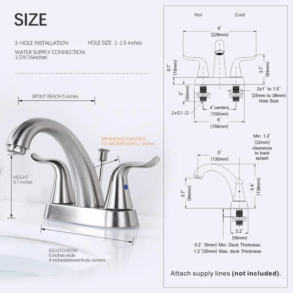 2 Handle 4 Inch Centerset Bathroom Sink Faucet with Lift Rod Drain Stopper T8968