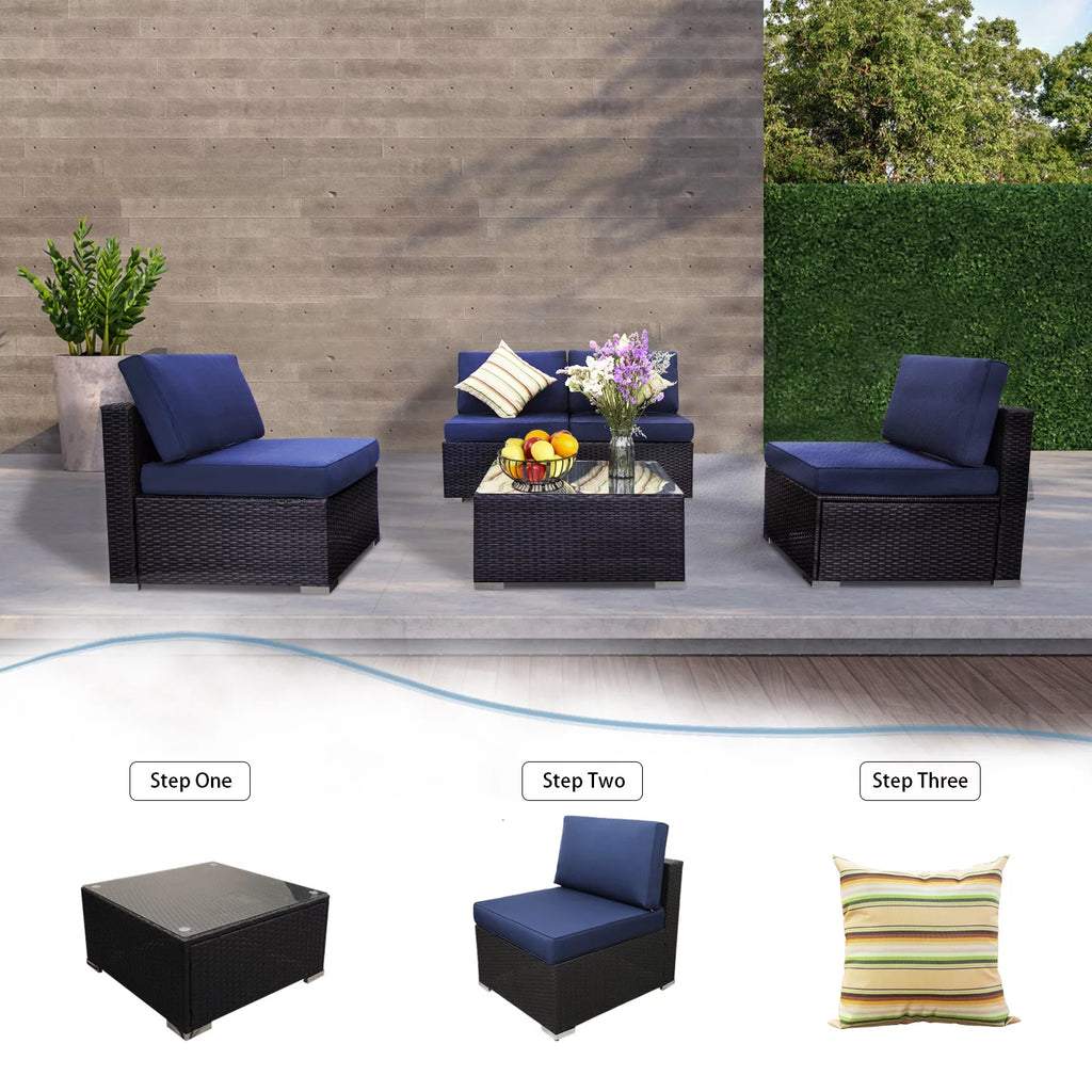 Blue 5 Pcs PE Rattan Wicker Sofa Set with Cushions F364