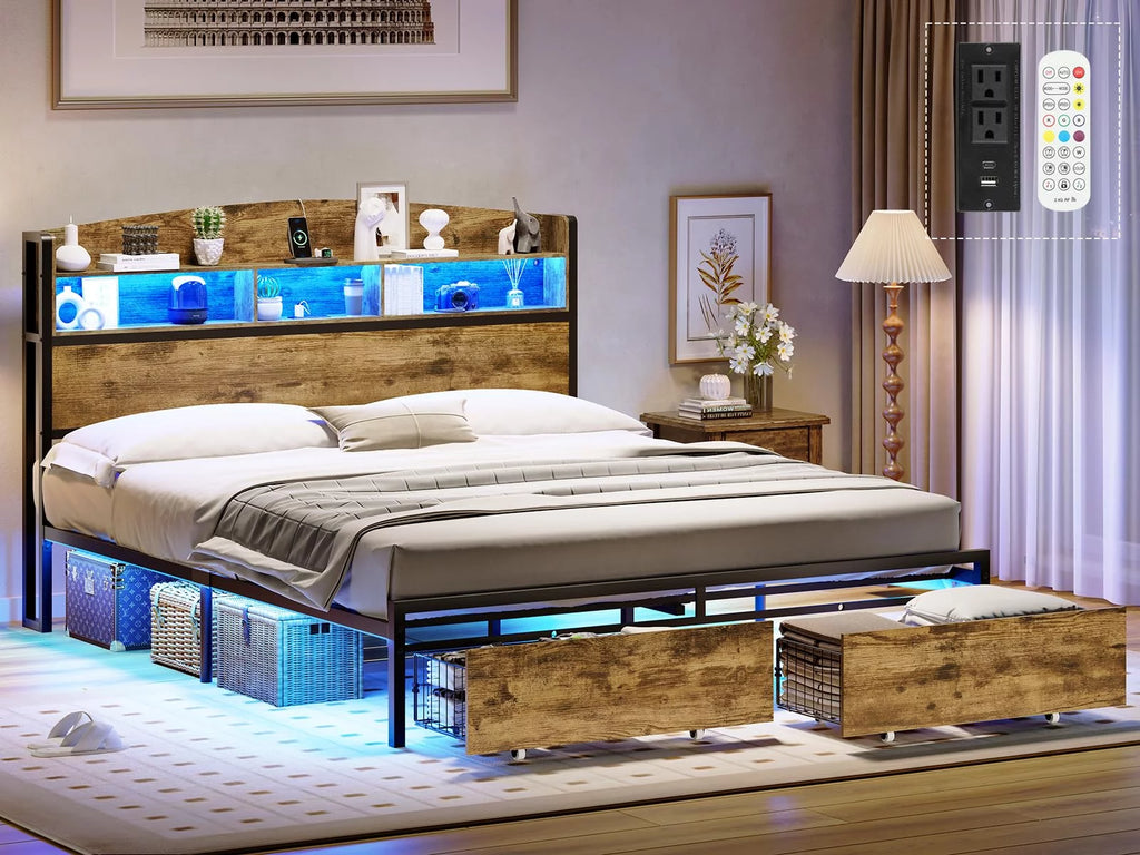 Queen Size Platform Bed with Storage Drawers and LED Headboard A58696