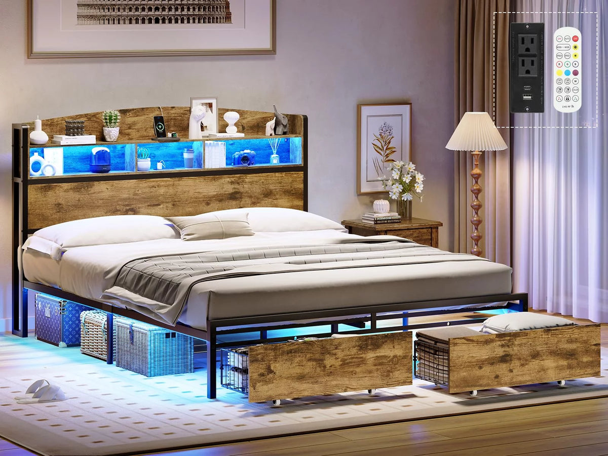 Queen Size Platform Bed with Storage Drawers and LED Headboard A58696