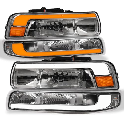 Compatible With Chevy Silverado Suburban Tahoe LED Strip Bar Black Housing Headlights With Signal Bumper Lamps Amber Reflector 4-Pieces K6117