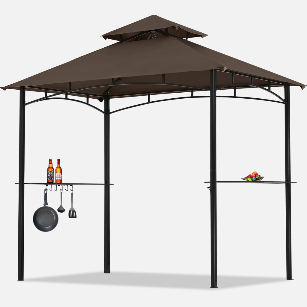 8' x 5' 2-Tiered Grill Gazebo Canopy with 2 LED Lights, Brown A68620