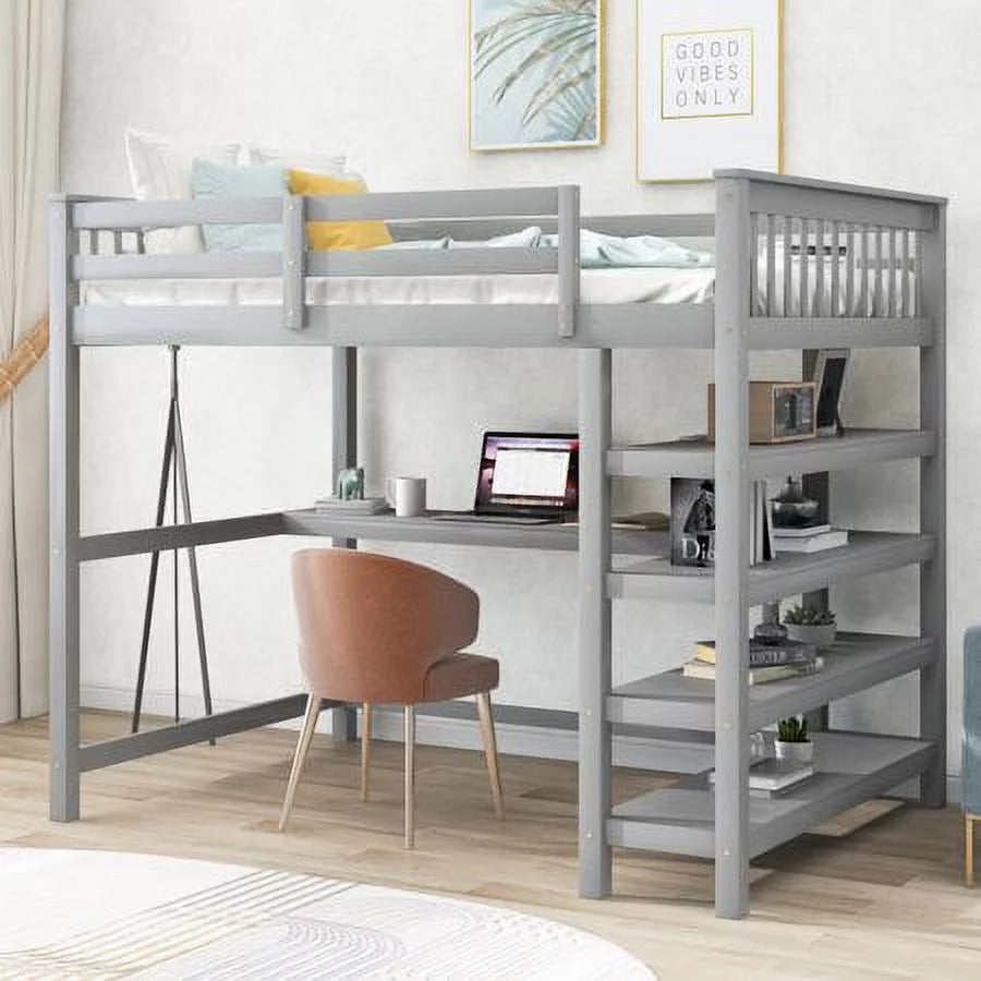 Full Size Gray Rubber Wooden Loft Bed with Storage Shelves and Desk Y322370