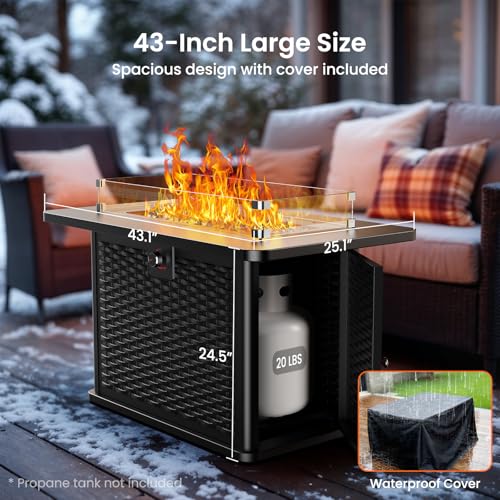 43 Inch Propane Fire Pit Table with Glass Rocks and Cover F9563