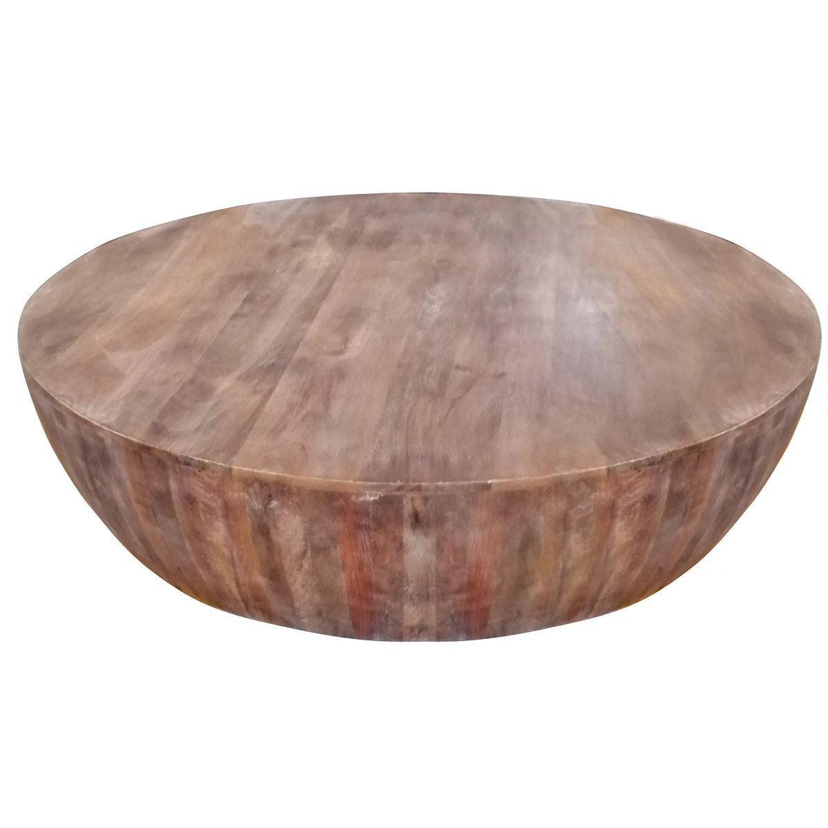 Handcarved Drum Shape Round Top Mango Wood Distressed Wooden Coffee Table, Brown A767