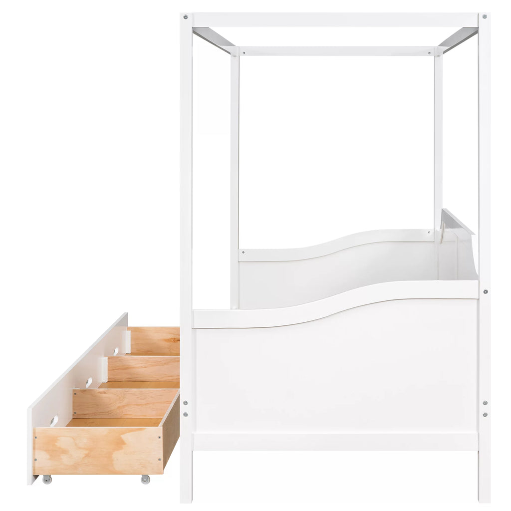 White Twin Size Wooden Canopy Bed with Drawers S61828