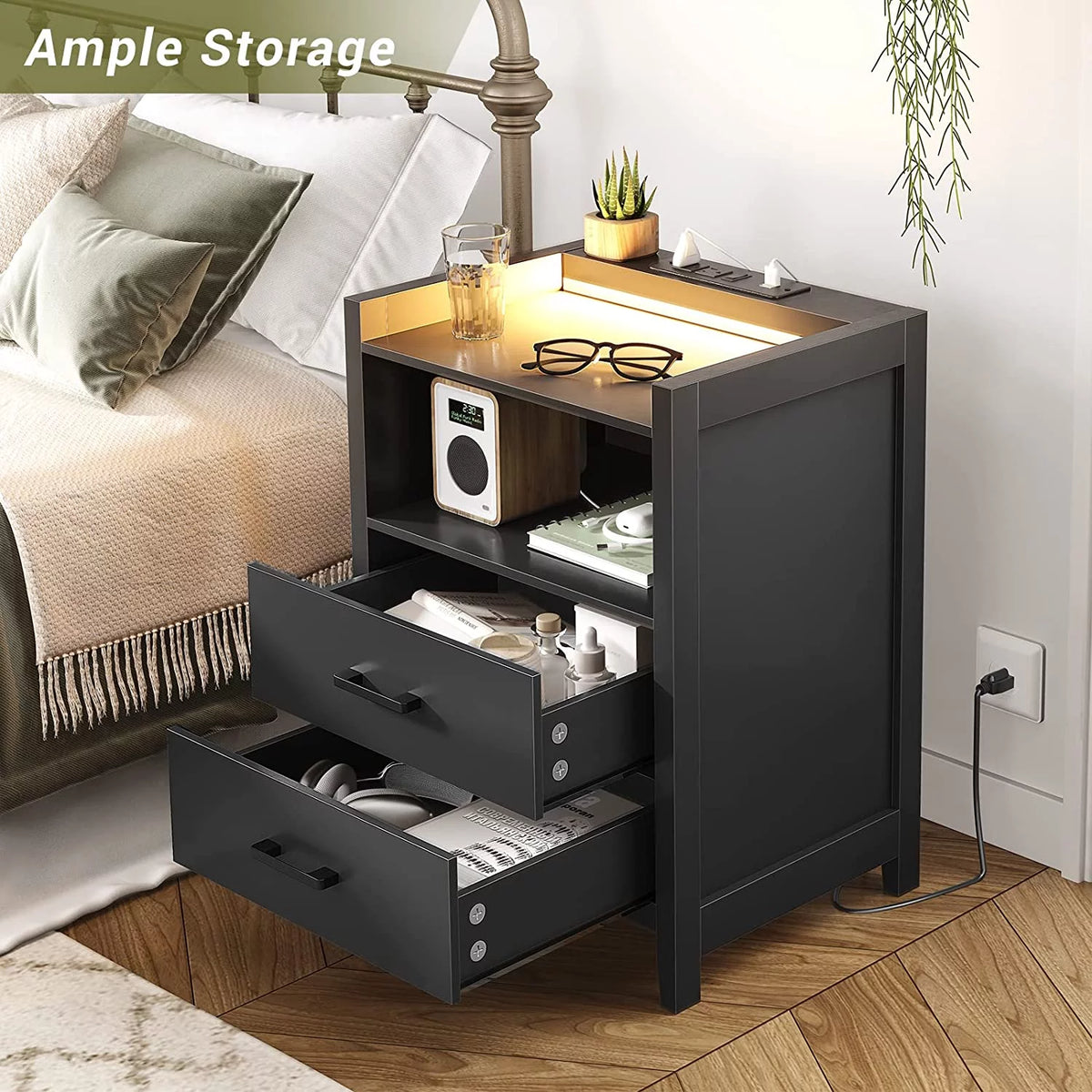 Black 2 Drawer Nightstand with LED Lights and Charging Station L17427