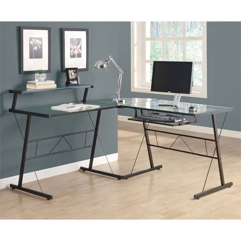 Black L Shaped Glass Top Metal Computer Desk S164