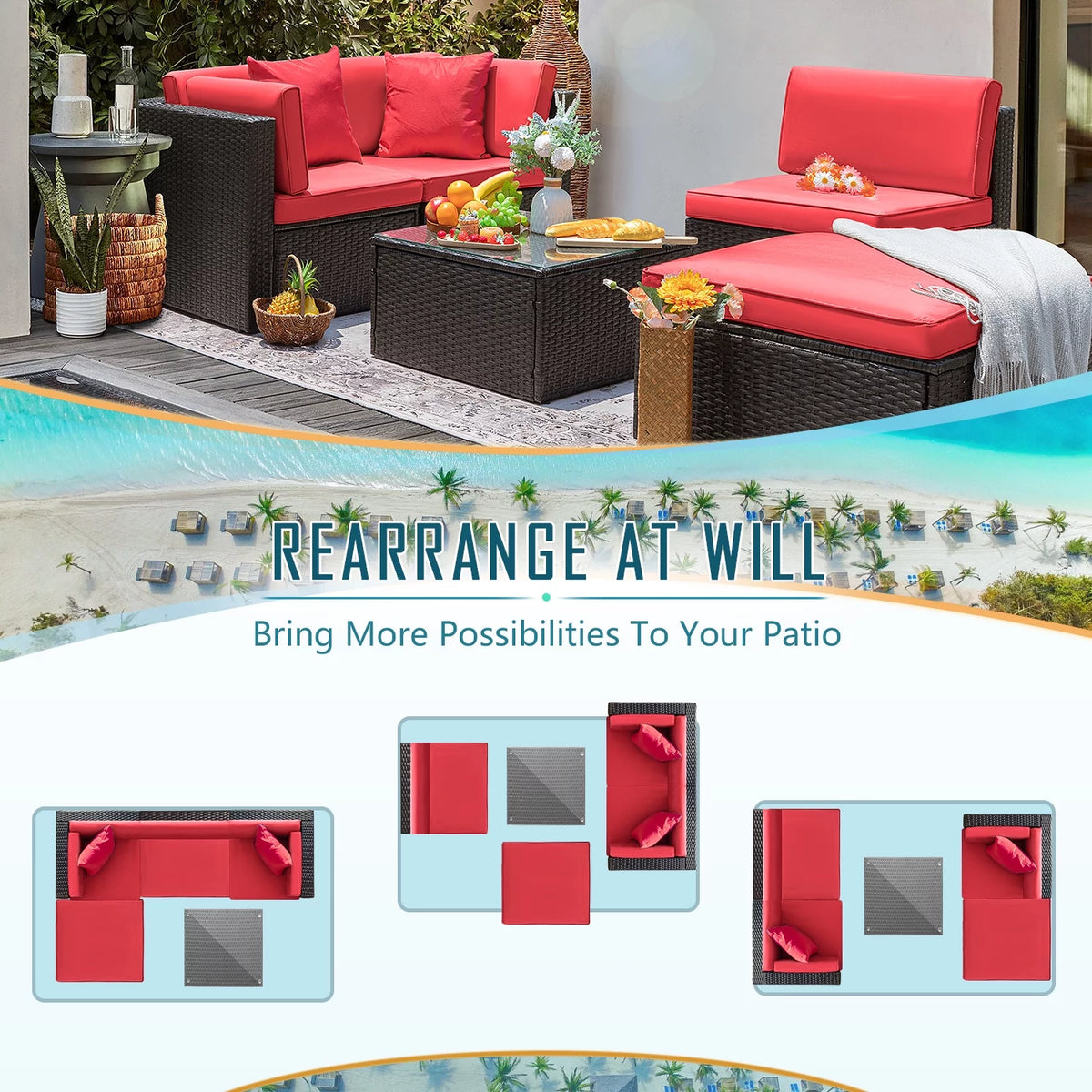 5 Pieces PE Rattan Wicker Patio Sectional Set with Table N13220