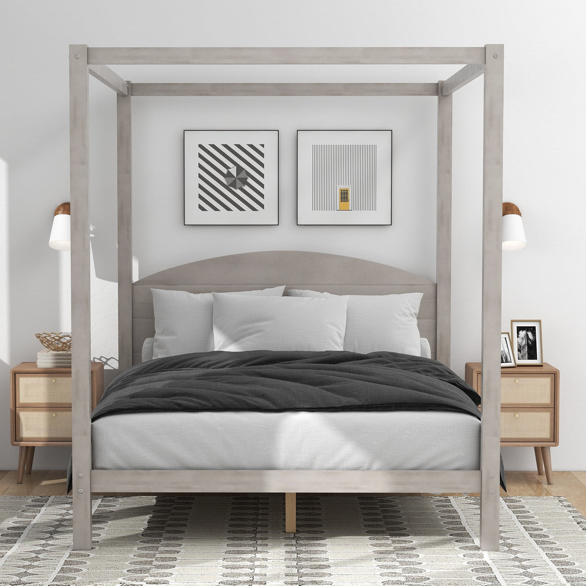 Queen Size Canopy Platform Bed with Headboard U64502