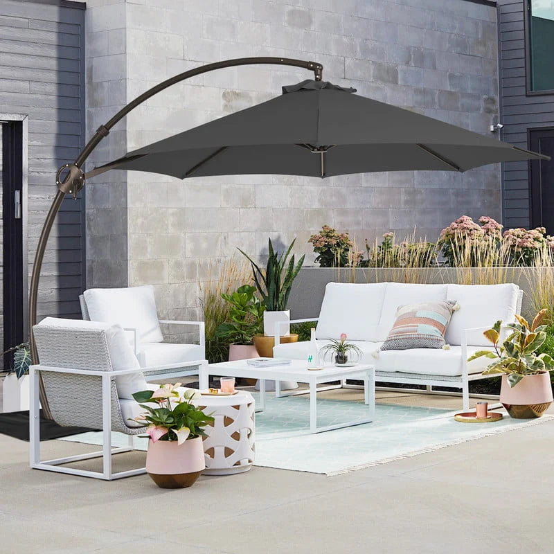11ft Curvy Cantilever Offset Hanging Patio Umbrella with Base, Beige M14841