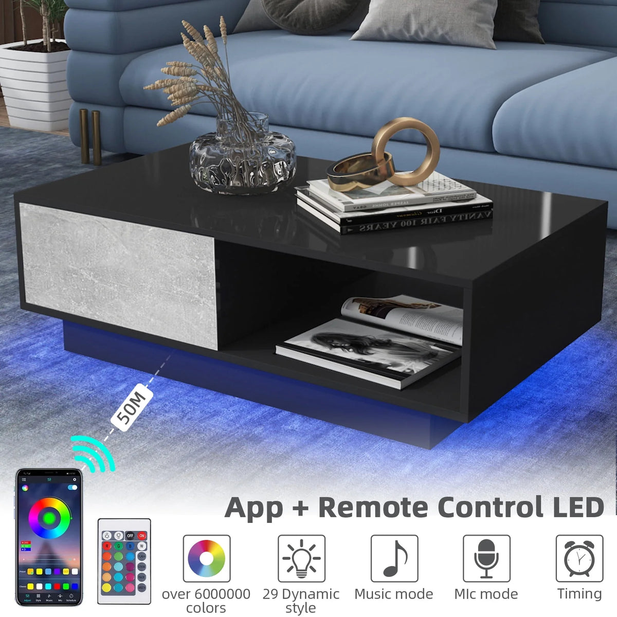 Black High Gloss LED Coffee Table with Drawer C574427