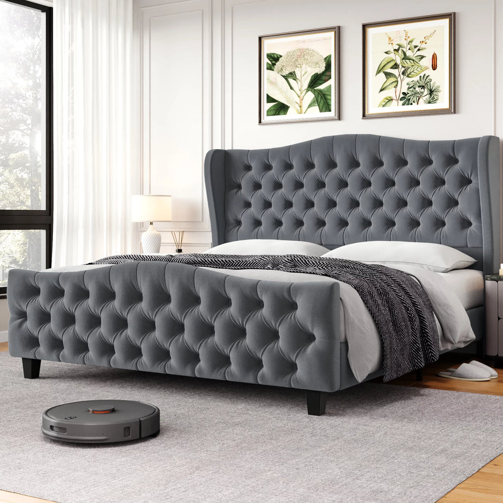 Queen Size Beige Velvet Tufted Upholstered Platform Bed Frame L260819