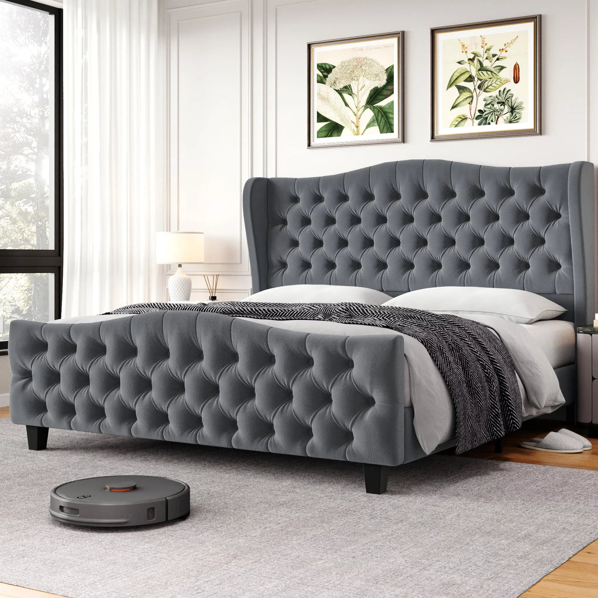 Queen Size Beige Velvet Tufted Upholstered Platform Bed Frame L260819