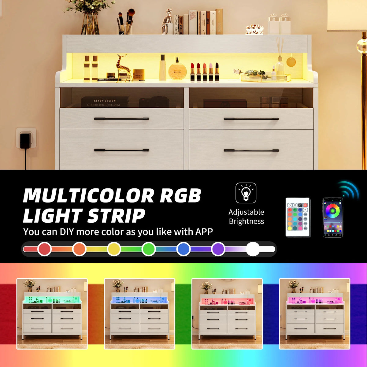 Black 6 Drawer Dresser with LED Light and Open Storage Q8759