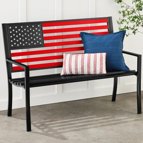 2-Person Steel Indoor/Outdoor Bench with American Flag, 790lb Capacity - Black K476482