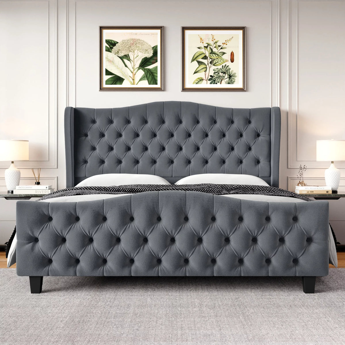 Queen Size Beige Velvet Tufted Upholstered Platform Bed Frame L260819