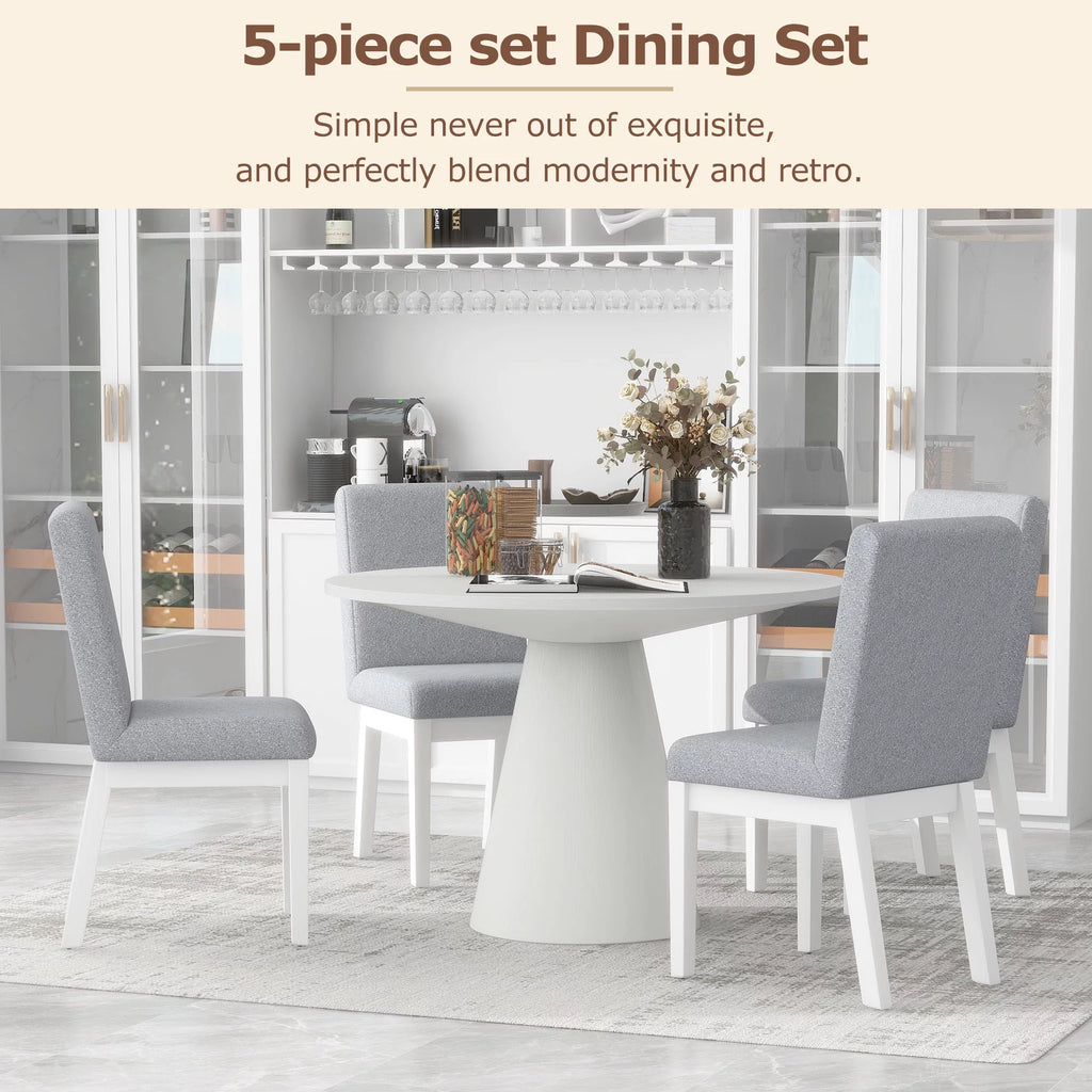 White 5 Piece Round Wood Dining Table Set with 4 Upholstered Chairs F754808