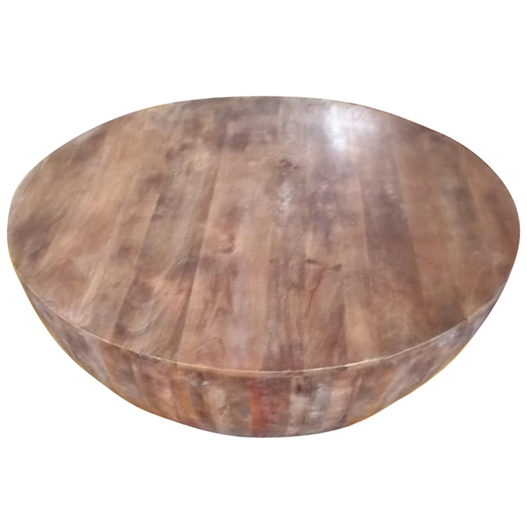 Handcarved Drum Shape Round Top Mango Wood Distressed Wooden Coffee Table, Brown A767