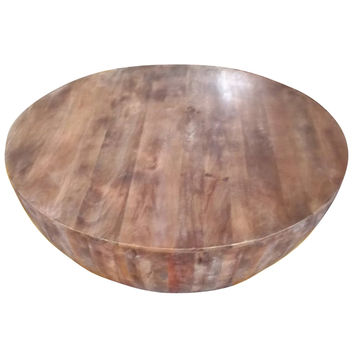 Handcarved Drum Shape Round Top Mango Wood Distressed Wooden Coffee Table, Brown A767