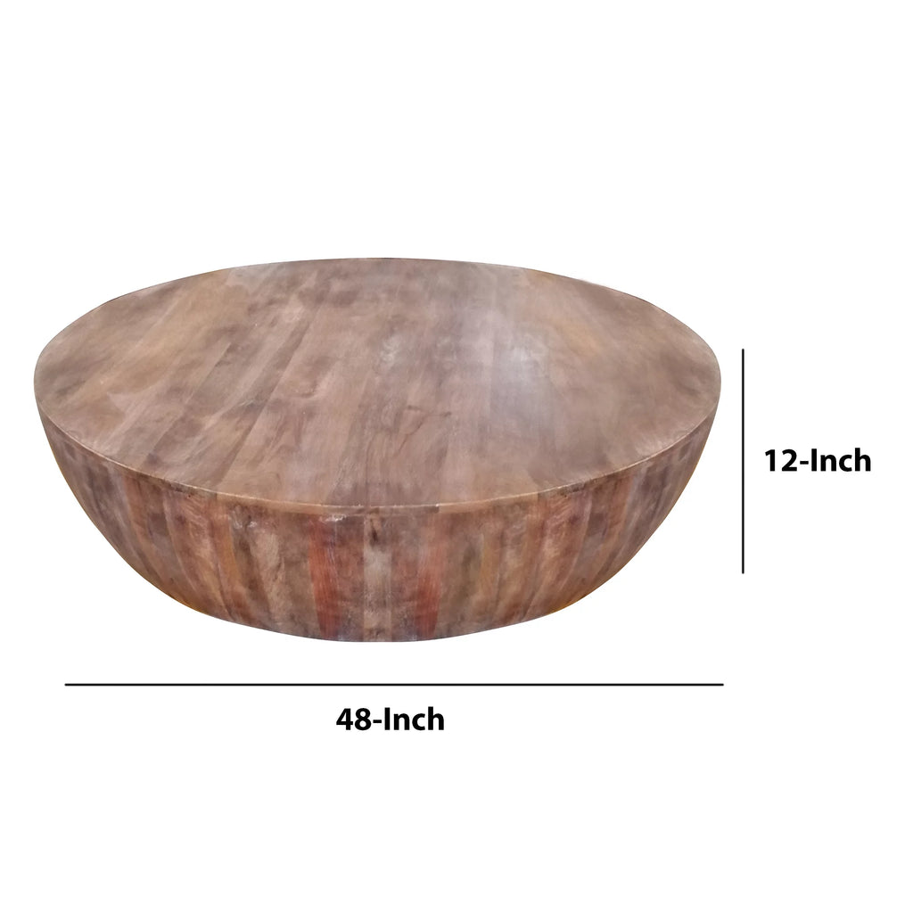 Handcarved Drum Shape Round Top Mango Wood Distressed Wooden Coffee Table, Brown A767