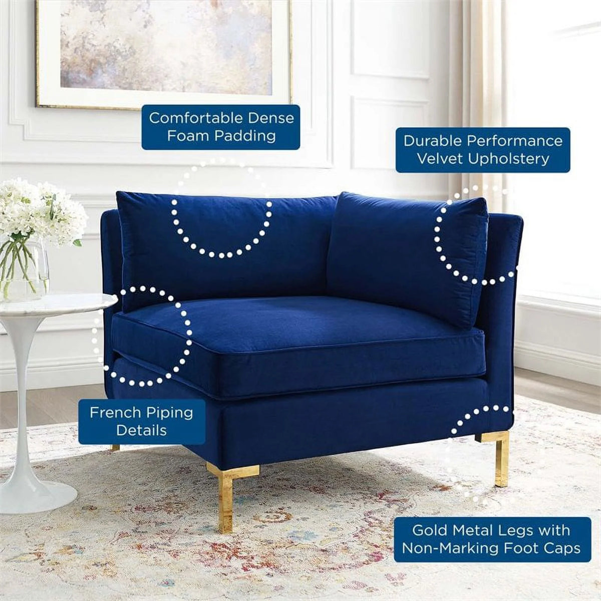 Navy Velvet Upholstered Corner Sectional Chair Y3197