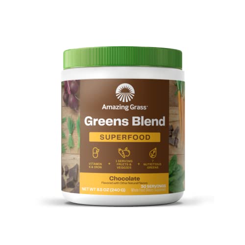 Super Greens Smoothie Mix with Organic Spirulina, Chlorella, Beet Root Powder, Digestive Enzymes & Probiotics, Chocolate, 30 Servings B398892