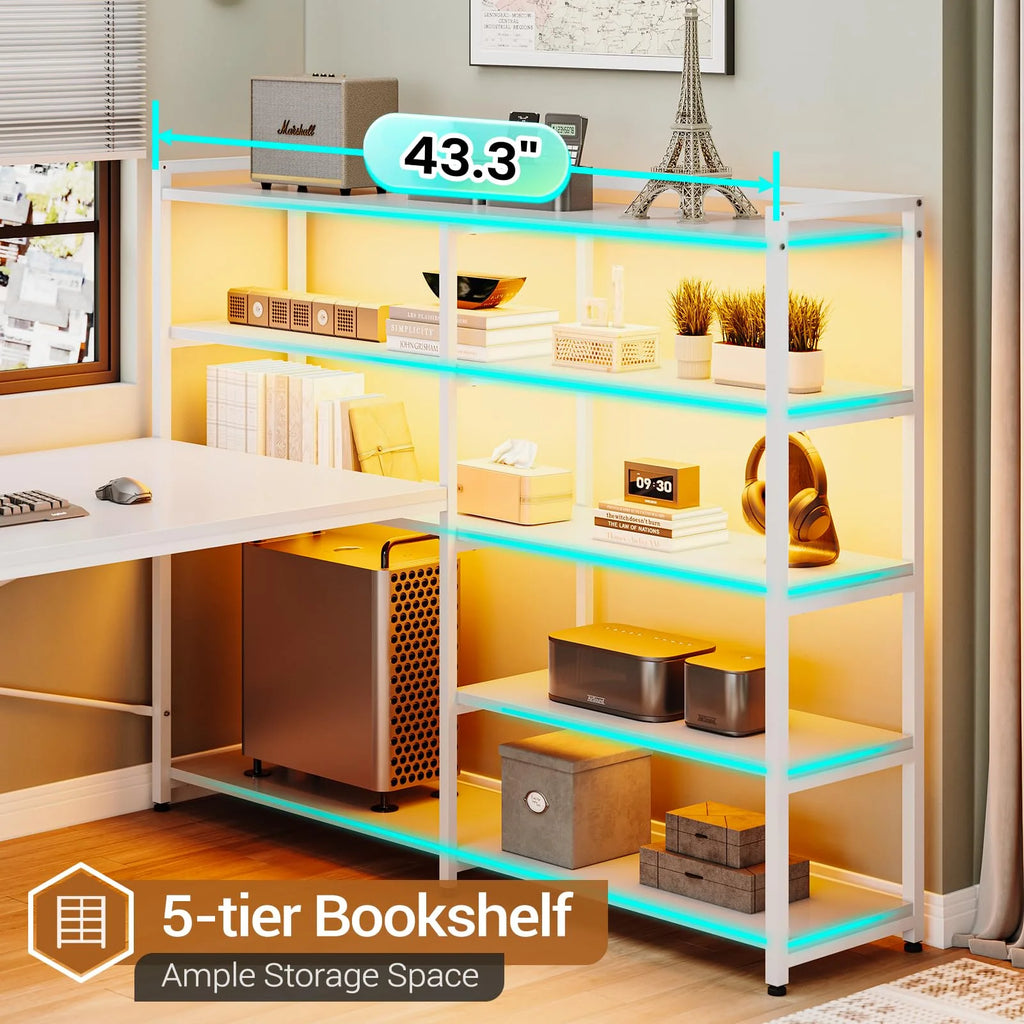 L Shaped Computer Desk with Power Outlet and Storage Shelves Y678