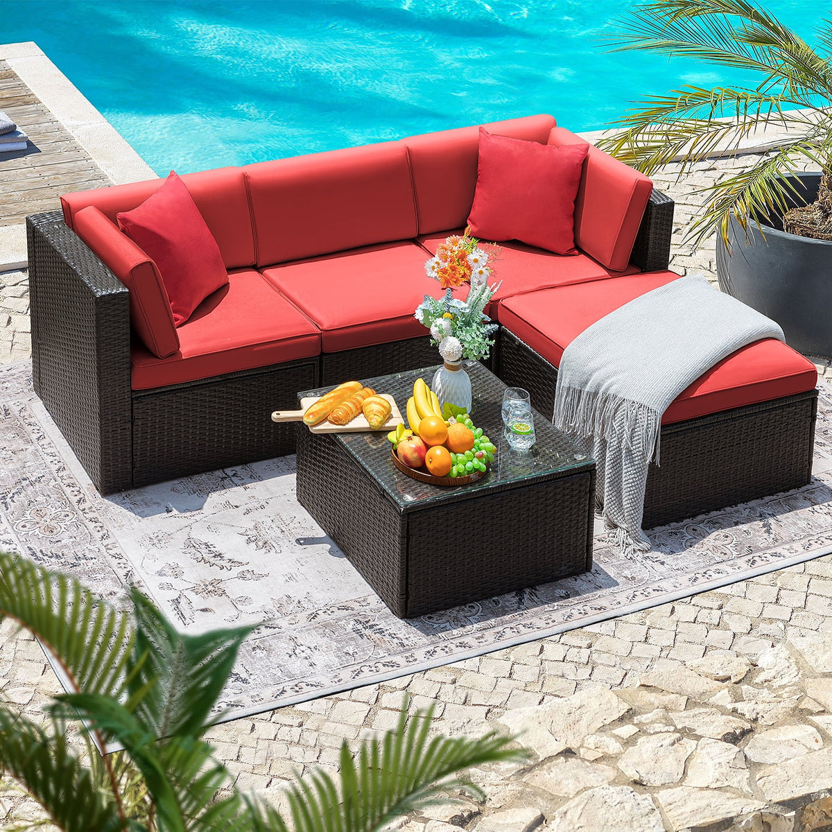 5 Pieces PE Rattan Wicker Patio Sectional Set with Table N13220